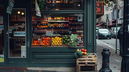 Wall Mural - Modern grocery storefront, vibrant product display, city street view.