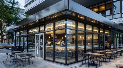 Wall Mural - Modern cafe exterior with glass windows, showcasing interior through glass and outdoor seating