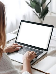 Mockup blank screen laptop computer. Business woman working on laptop computer at home office, planning work project on notebook. Student studying online via laptop, template for online marketing