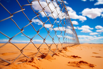 Poster - Fence with sky background and sand dune in the foreground.