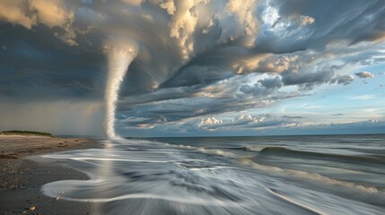 Wall Mural - A peaceful beach scene transformed in an instant as a waterspout descends from the sky with alarming speed.