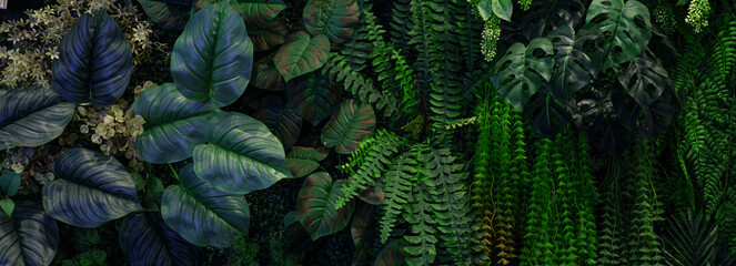 Wall Mural - Full Frame of Green Leaves Pattern Background, Nature Lush Foliage Leaf Texture, tropical leaf.