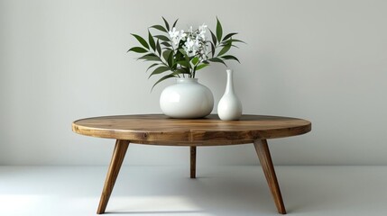 Photo of a round wooden coffee table with a vase of white flowers on it