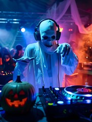 Wall Mural - ghost dj wearing headphones at halloween party with turntables and glowing lights