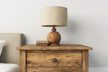 Wall Mural - Create a 3D rendering of a rustic wooden nightstand with a beige lampshade on top of it. The nightstand should have a drawer and a shelf underneath. On the shelf, place two books.