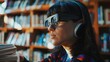 © Paul - Close up of visually impaired person using earphones for voice guidance, surrounded by colorful books and innovative tools in a library
