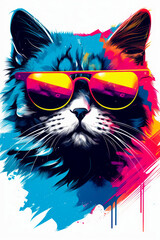 Wall Mural - Cat wearing sunglasses and colorful background is featured in this colorful poster.