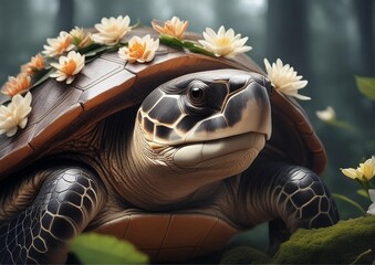 Wall Mural - A turtle whit flowers 