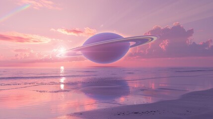 Canvas Print - A beach scene with a futuristic UFO partially submerged in the water, depicted in a retro-futuristic art style with pastel pink and purple hues. A giant ringed planet is visible in the sky