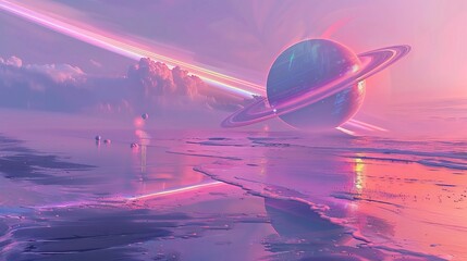 Canvas Print - A beach scene with a futuristic UFO partially submerged in the water, depicted in a retro-futuristic art style with pastel pink and purple hues. A giant ringed planet is visible in the sky