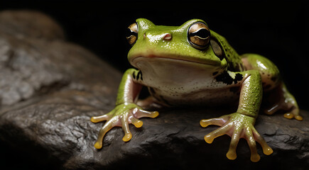a portrait of a green frog jumping in an isolated black background with copy space
