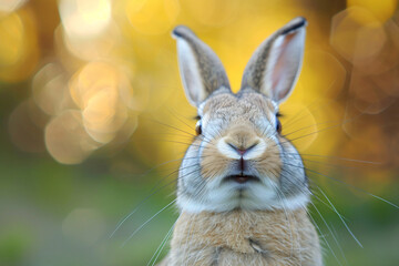 A rabbit is standing in a field with its mouth open, looking up at the camera