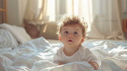 A baby in white sheets looking up at the camera.