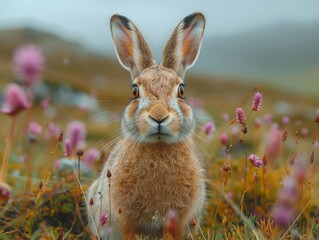 Wall Mural - A rabbit is standing in a field of flowers.