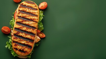 Wall Mural - Chicken sandwich with bread, lettuce, tomato grilled for lunch copy space background