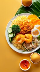 Canvas Print - Yellow rice with chicken fried , egg slice, carrot, cucumber and chili story background