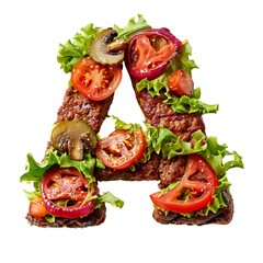 Creative food alphabet letter A made of vegetables and meat, perfect for culinary, diet, and healthy eating themed designs.