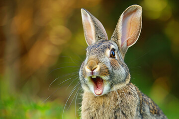 A rabbit is standing in a field with its mouth open, looking up at the camera