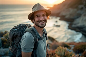 Poster - Man with backpack smiling at sunset.