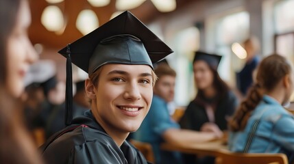 Wall Mural - A young man in a graduation cap and gown smiling.