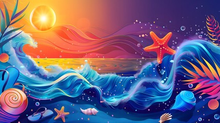 Summer background and banner with water, splash and waves in vector abstract shape. 