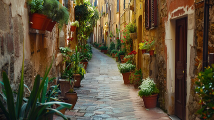 Beautiful alley in Tuscany Old Town Italy, generative Ai 