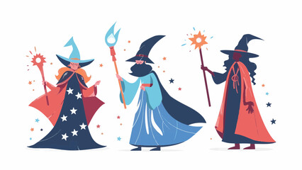 Wall Mural - 3 standing magical enchanted wizards casting spells wearing wide brimmed pointy hat magic fire large long fluffy beard group resizable vector