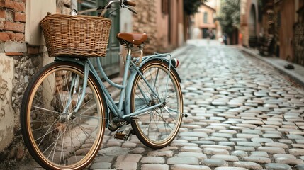 Vintage bicycle with a wicker basket, parked by a cobblestone street, charming and nostalgic ambiance, highresolution retro photography, Close up