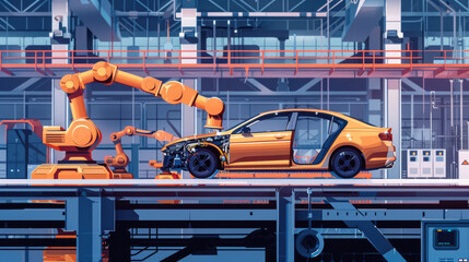 Wall Mural - Robotic System in Car Production Illustration