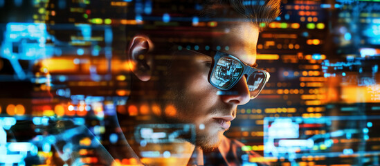 Professional specialist using device writing code computer network maintenance at the control data room.
