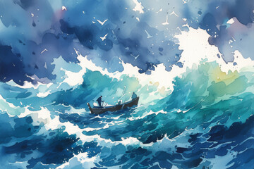 Watercolor Painting of Stormy Sea with Small Boat Battling Waves and Seagulls Flying Overhead