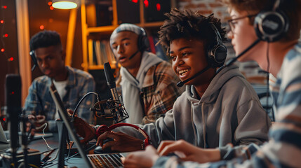 Wall Mural - Diverse teenage male friends with headphones, microphone and laptop recording podcast