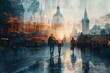 © Songsak - Surreal urban scene blending people and cityscape at sunset, capturing the essence of movement and the magic of twilight reflections.