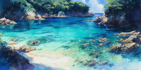 Wall Mural - Tropical Beach Cove Serene Crystal Clear Waters with Lush Greenery and Rocky Shores