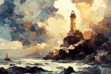 Wall Mural - Dramatic Lighthouse on Rocky Coast at Sunset with Stormy Skies and Sailing Boat