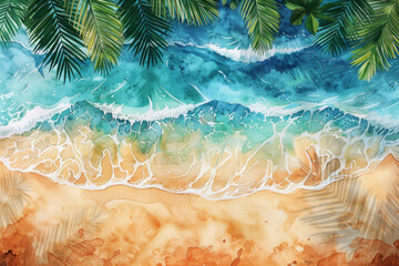 Wall Mural - Tropical Beach with Gentle Waves and Palm Leaves   Watercolor Coastal Illustration