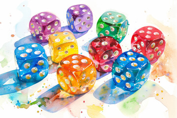 Colorful Transparent Dice on Watercolor Background  Vibrant Abstract Art