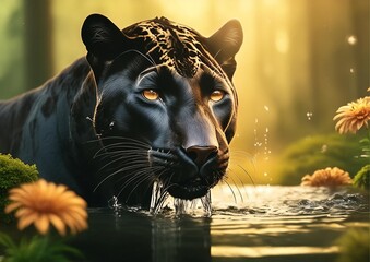 Wall Mural - Panther in the water