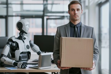 a man loosing his job to AI robot in the office