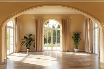 Sticker - A large, open room with a tan color scheme and a large archway