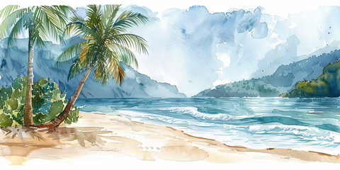 Wall Mural - Watercolor Beach Landscape with Tropical Palm Trees and Mountains