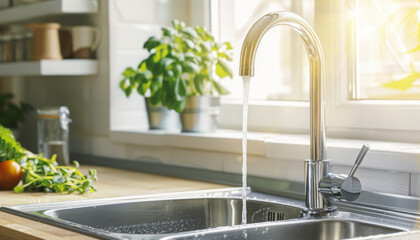 Water pours from a modern tap, faucet in the kitchen against a window in the background 