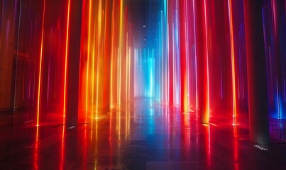 Wall Mural - movement and energy of vertical light streaks cascading down the image, with dynamic colors and patt
