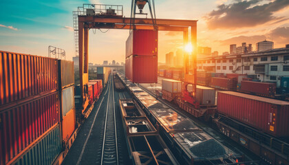 A crane is hoisting a shipping container onto a freight train, demonstrating intermodal transportation efficiency 