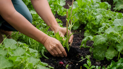 Sticker - Hands of the farmer are planting the seedlings into the soil