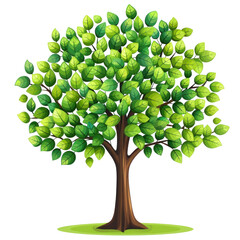 A stylized 2D clipart tree featuring a canopy of round, green leaves and a solid brown trunk. The tree stands on a pristine white background, making it a striking and versatile image for use in