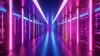 © Media Srock - A symmetrical row of servers in a data center is illuminated by neon lights in shades of purple
