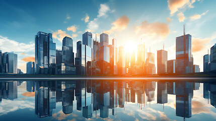 Wall Mural - Modern skyscrapers of a smart city, futuristic financial district with buildings and reflections.