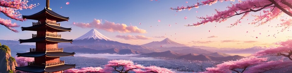 A beautiful photograph of the iconic osaka castle, surrounded by cherry blossoms and Mount Fuji in background. The image is a beautiful landscape of Mount Fuji in Japan.