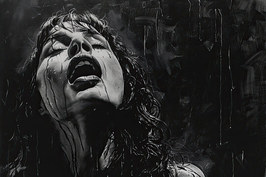 Close up of screaming female vampire, dark hair and white skin in the rain. Created with Ai